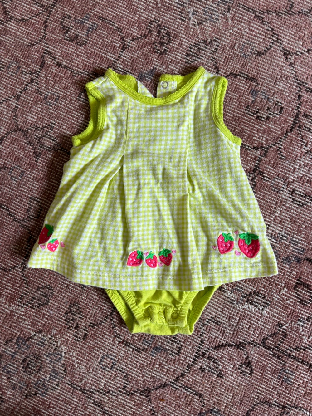 Vintage Lime Color Gingham Strawberry Embroidered Dress